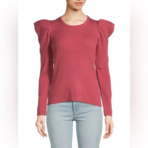JOE'S JEANS Puff Sleeve Ribbed Long Sleeve Crewneck Sweater in Deep Pink NWOT - Picture 1 of 9